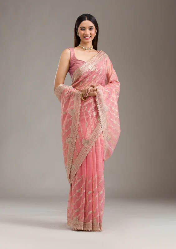Pink Zariwork (Gold) Tissue Saree